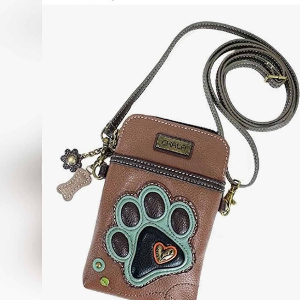Chala Tan Crossbody Cell Phone Bag with Teal Paw Design